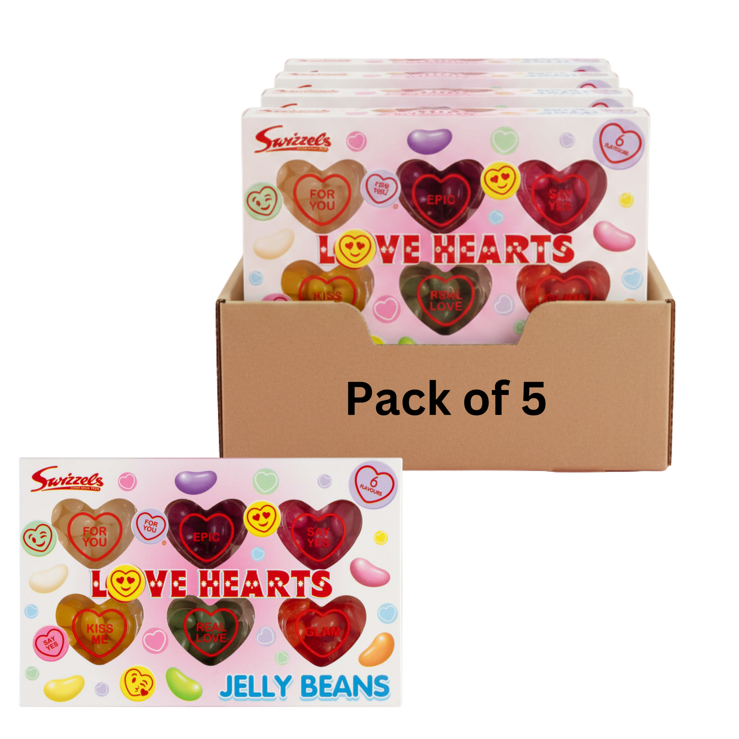 Swizzels Love Hearts Jelly Beans box available in 5 10 and 20 packs