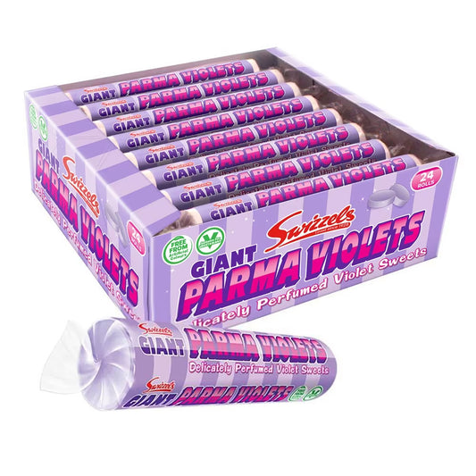 Swizzels Giant Parma Violets rolls used as nostalgic party sweets