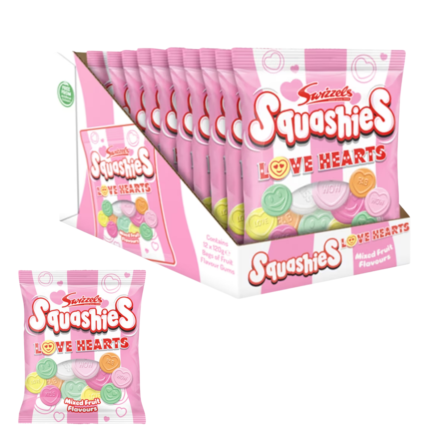 Swizzels Squashies Love Hearts fruity chewy gums 12 x 120g