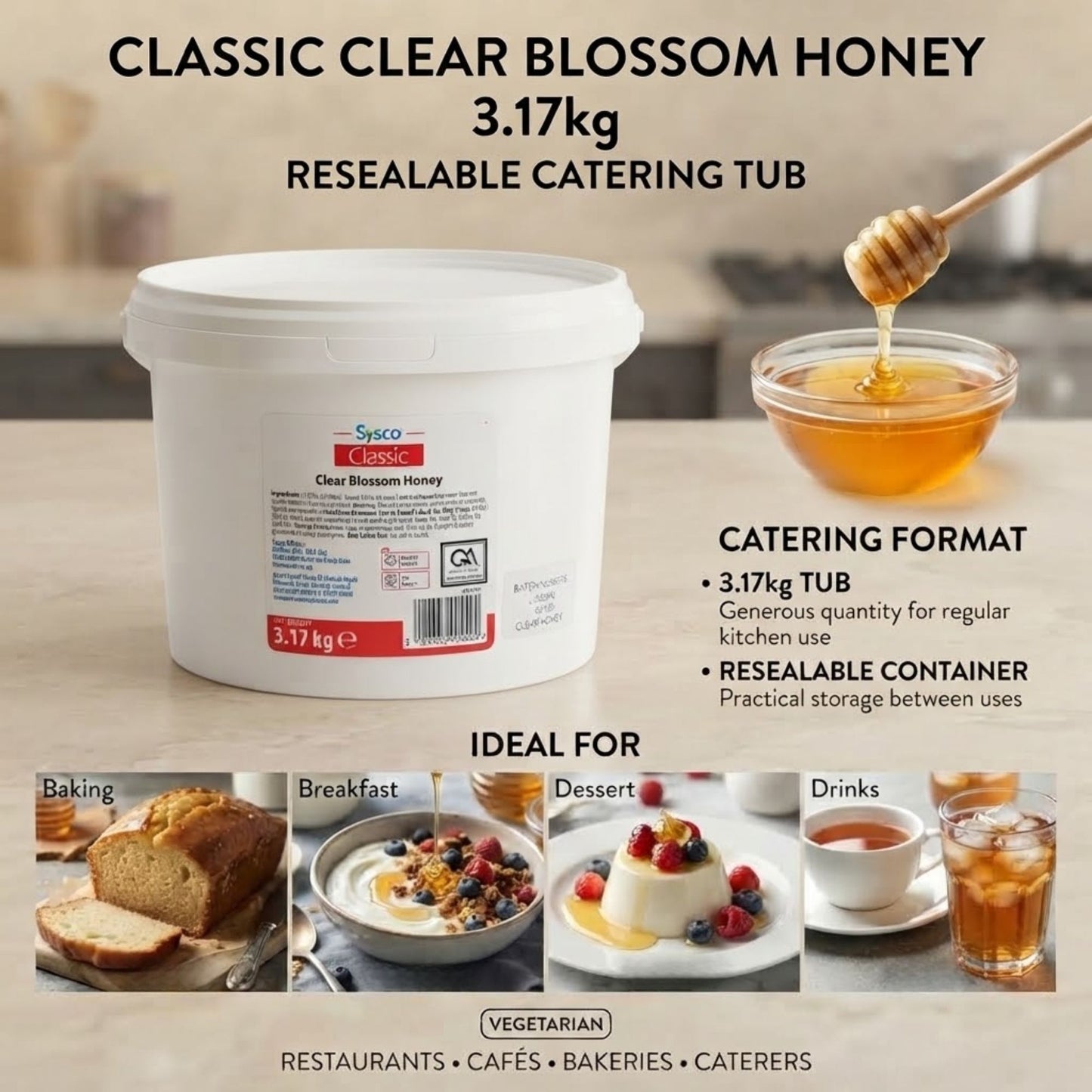 Sysco Classic clear blossom honey in resealable tub