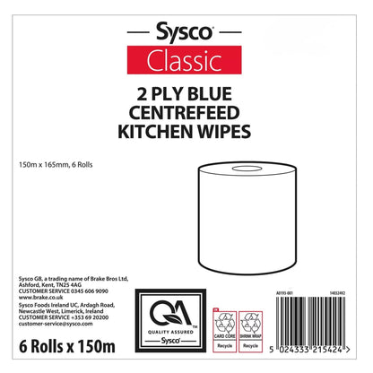 Blue 2 ply centrefeed cleaning rolls measuring 150 metres