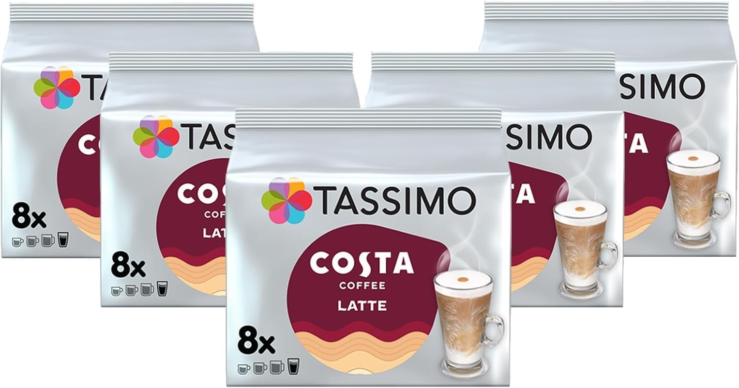 Tassimo Costa Latte Coffee Pods 5-Pack – 40 Creamy Barista-Style Drinks for Home Brewing