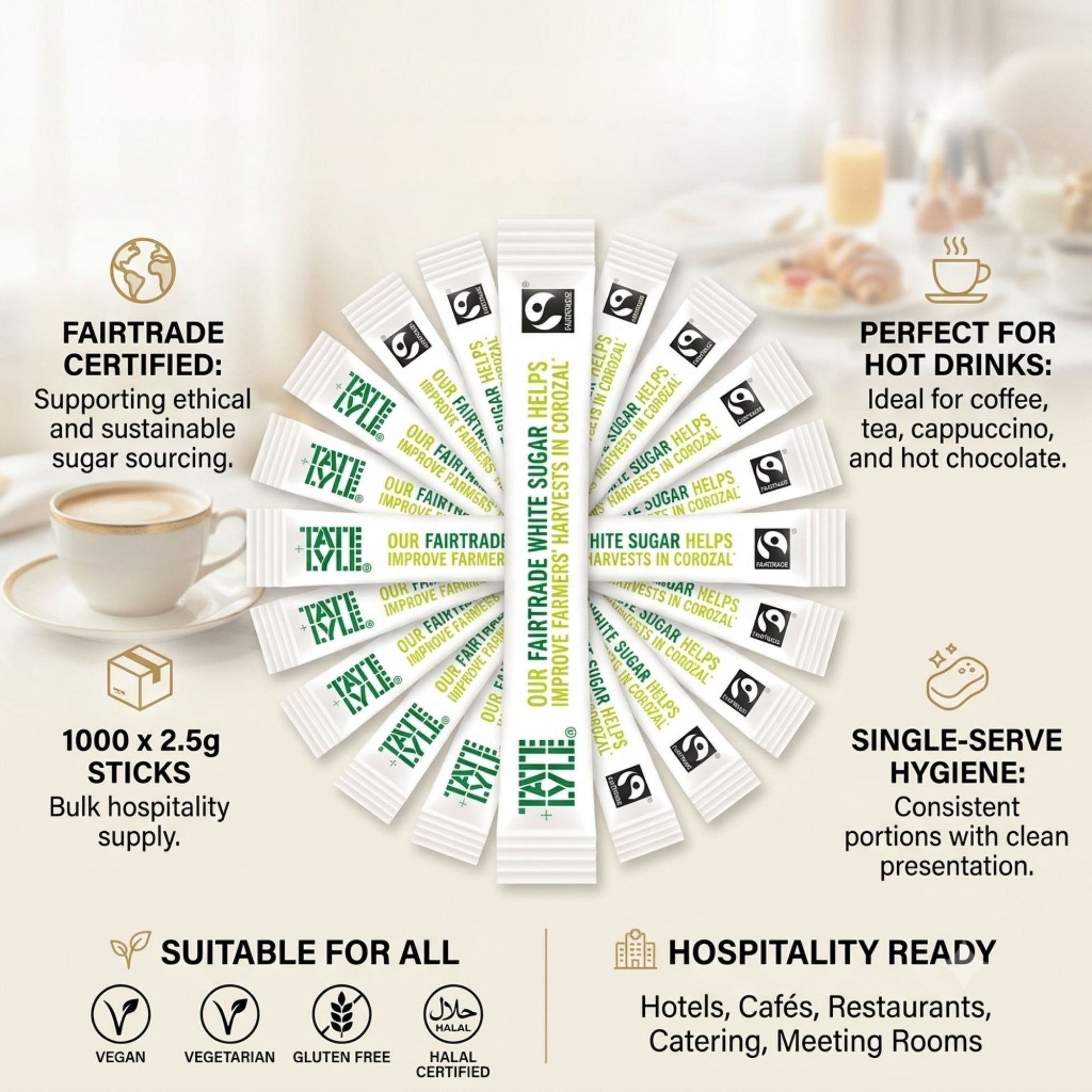 Individually wrapped Fairtrade sugar sticks for hot drinks