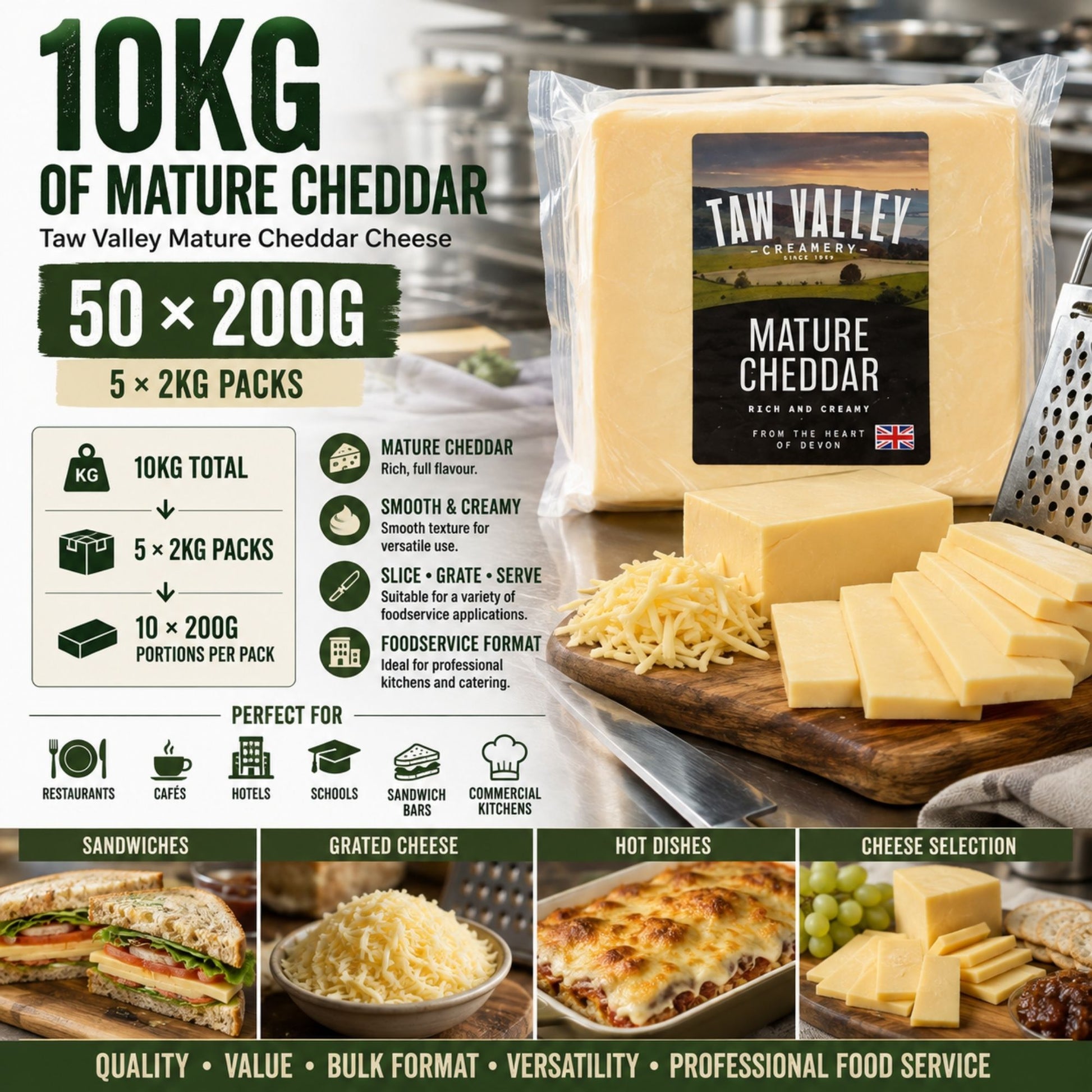 Taw Valley mature cheddar cheese 50 x 200g portions