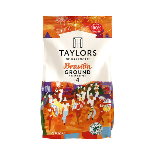 Taylors Brasilia Ground Coffee 200g dark roast packaging.