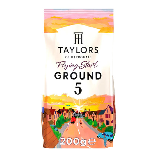 Taylors Flying Start Ground Coffee 200g with bold dark roast flavour.