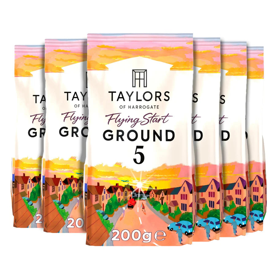 Six-pack of Taylors Flying Start Ground Coffee 200g bags