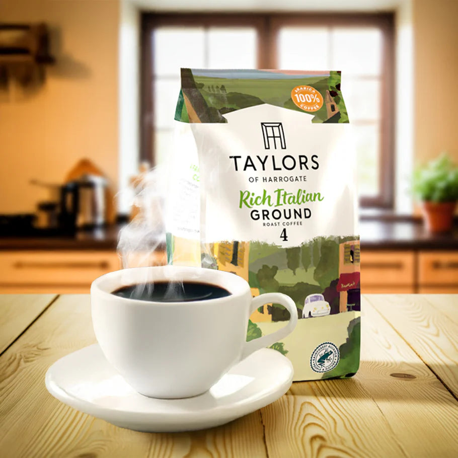 Dark roast Taylors Rich Italian Ground Coffee in 6x200g case.