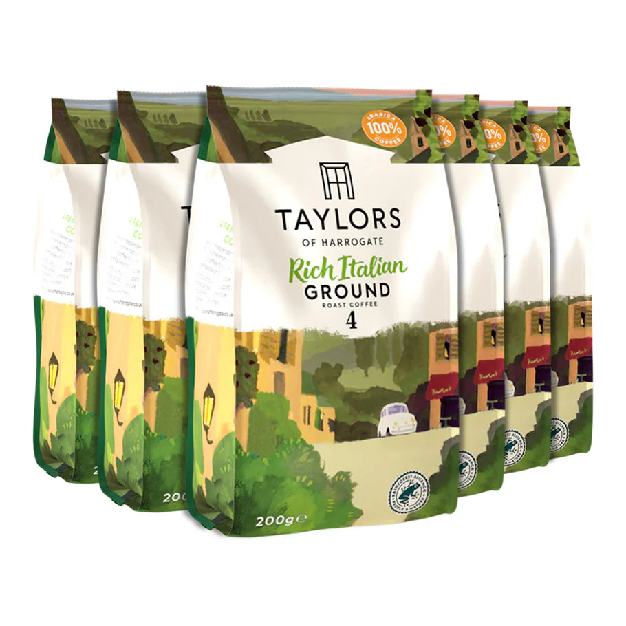 Espresso brewed from Taylors Rich Italian Ground Coffee 6x200g.