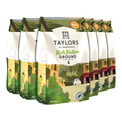 Espresso brewed from Taylors Rich Italian Ground Coffee 6x200g.