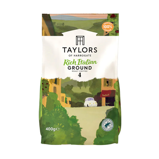 Taylors Rich Italian Ground Coffee 400g pack dark roast.