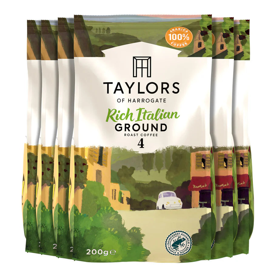 Taylors Rich Italian Ground Coffee case with 6x200g packs.