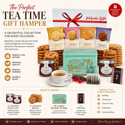 Breakfast tea tin with individually wrapped biscuit selection