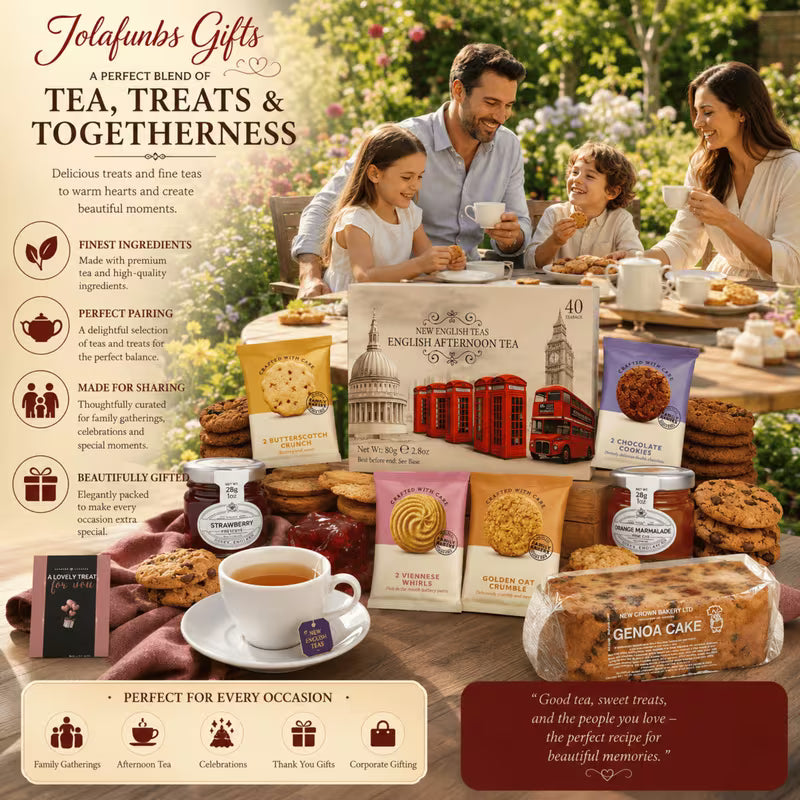 Tea gift set including jam jars fruit cake and biscuits
