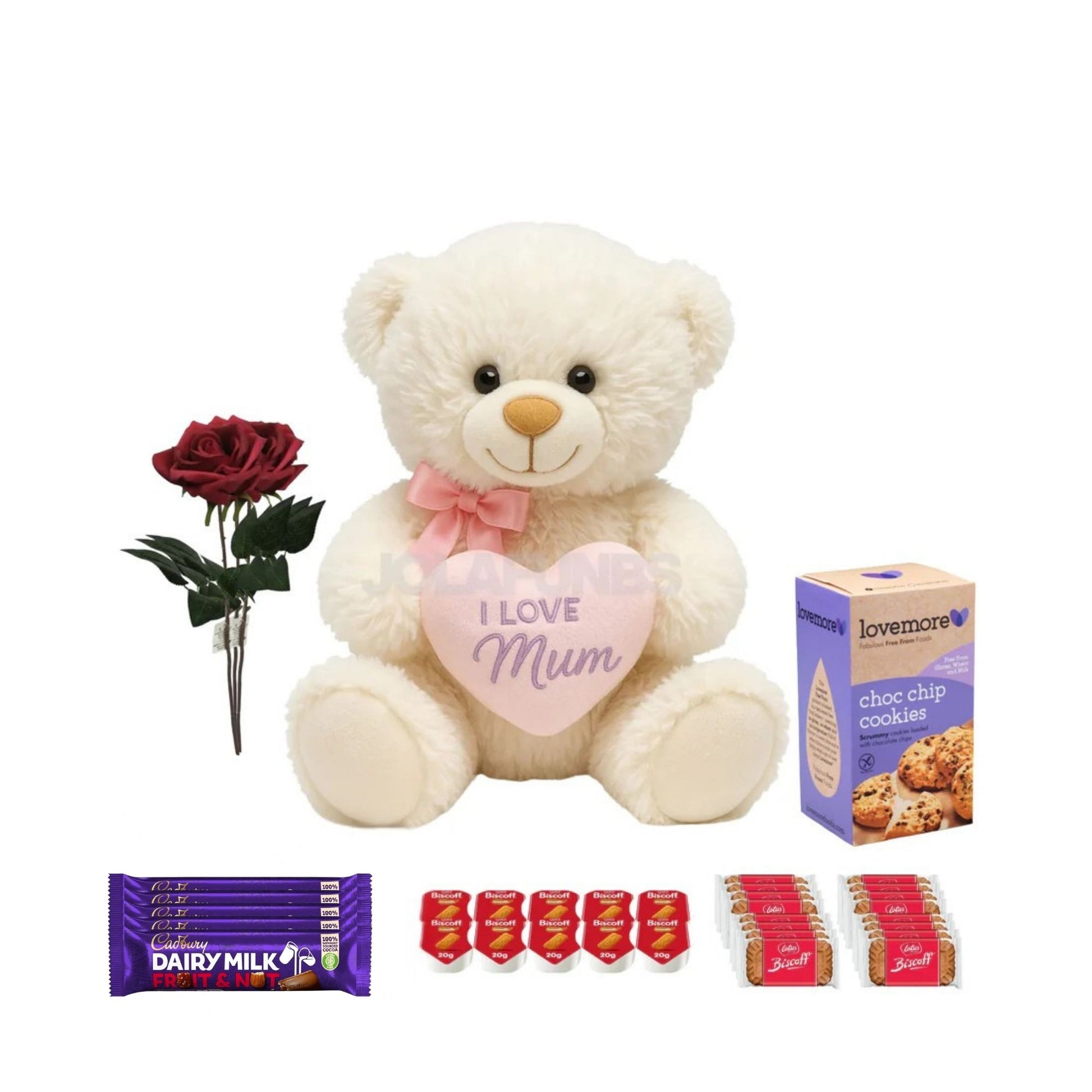 Teddy bear and soap roses included in mum gift box
