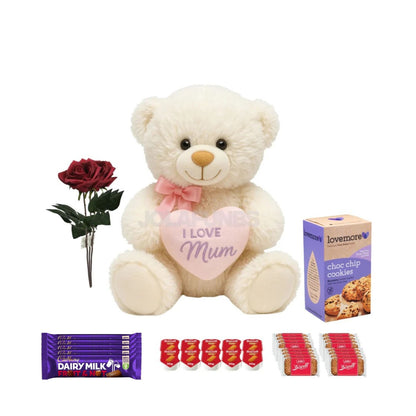 Teddy bear and soap roses included in mum gift box
