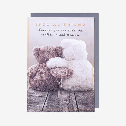Special friend teddy bears hugging friendship greeting card with blank inside