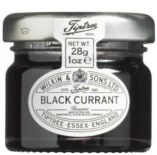 Tiptree Blackcurrant Jam Mini Jar 28g, single glass jar, premium berries