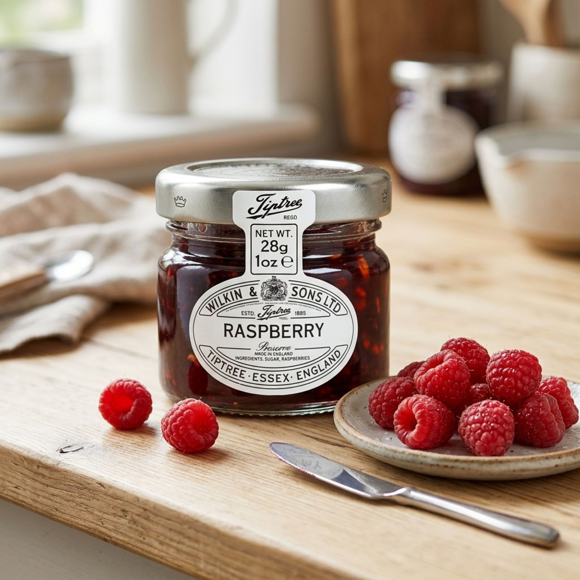 Tiptree raspberry jam in recyclable glass jars