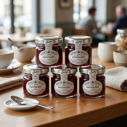 Individual glass jars of raspberry conserve for hotels and cafes