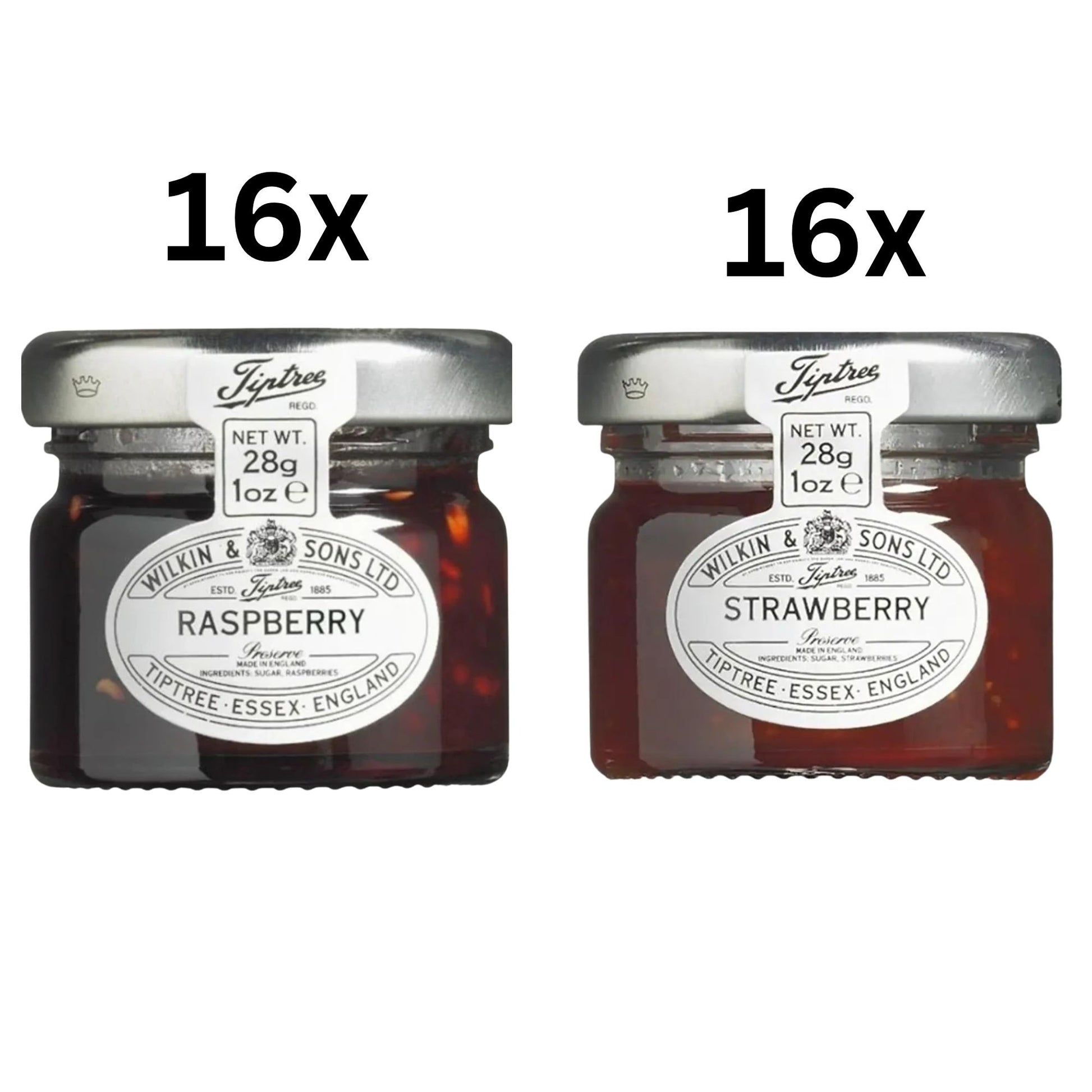 Individual glass jars with 16 strawberry and 16 raspberry jam