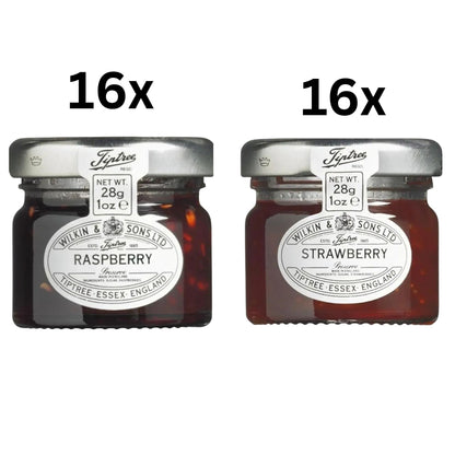Individual glass jars with 16 strawberry and 16 raspberry jam