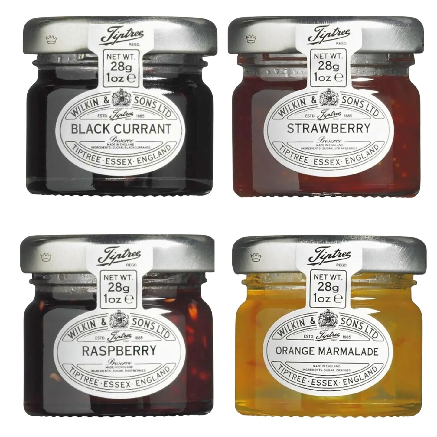 Individual jam jars with strawberry, raspberry, blackcurrant and marmalade