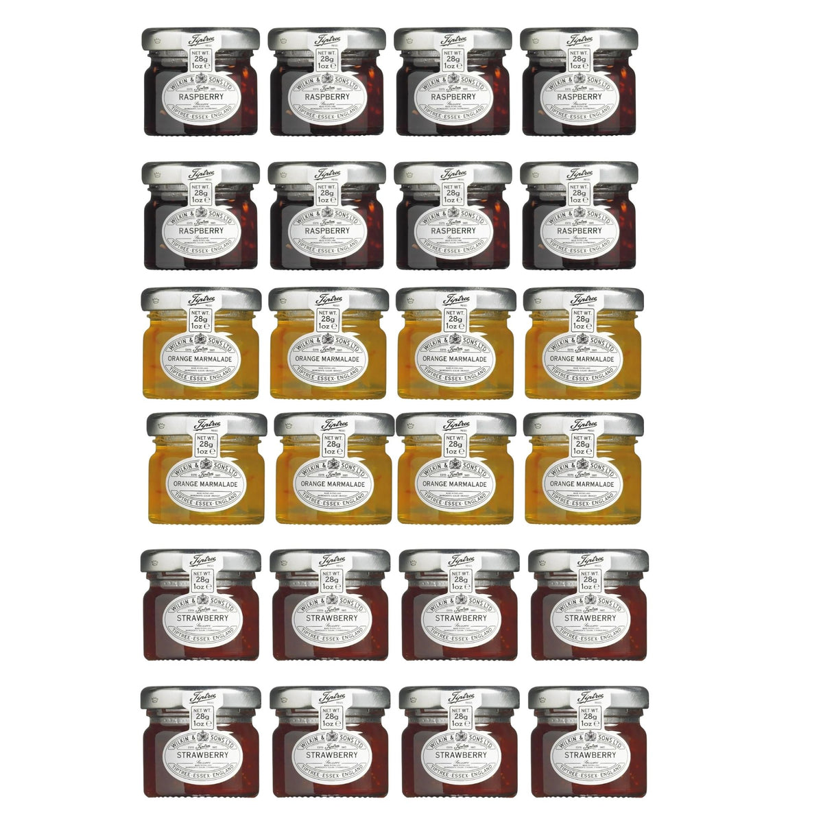 Tiptree Strawberry Jam, Orange Marmalade and Raspberry Jam 24 x 28g