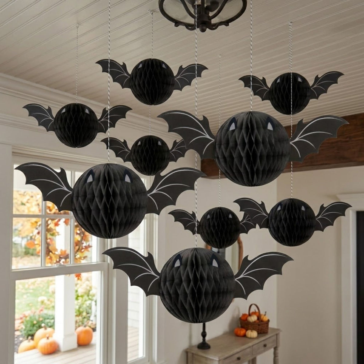 Three honeycomb bat decorations for Halloween
