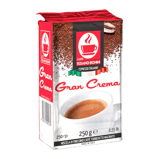 Tiziano Bonini Gran Crema Ground Coffee 250g pack with Italian espresso.