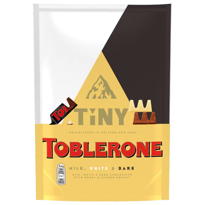 Mini Toblerone chocolates in milk, dark, and white varieties
