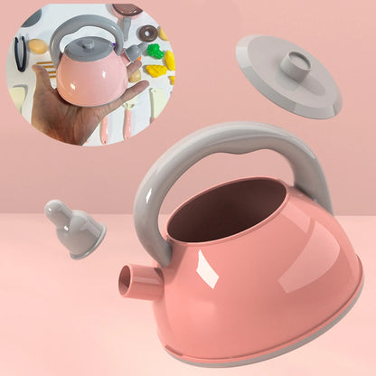 Toy kitchen set featuring cookware utensils and pretend food pieces