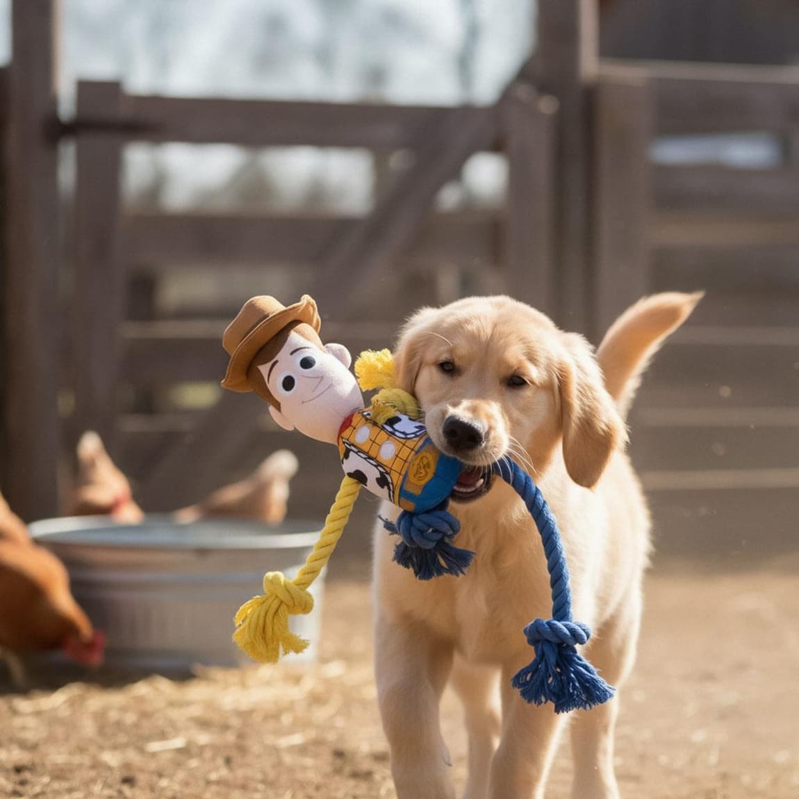 Toy Story themed dog toy with knotted rope legs