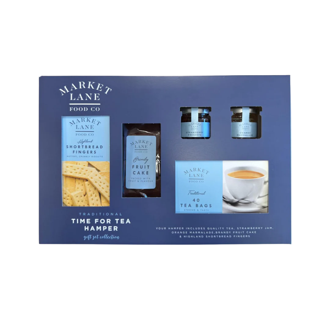 Traditional Time For Tea Hamper Gift Set with tea, jam, fruit cake, and shortbread