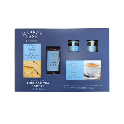 Traditional Time For Tea Hamper Gift Set with tea, jam, fruit cake, and shortbread