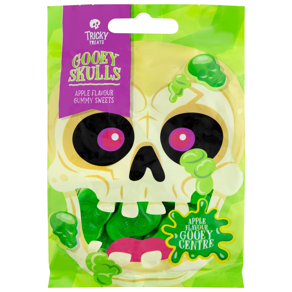 140g pack of apple-flavoured Tricky Treats skull gummies ideal for Halloween or parties