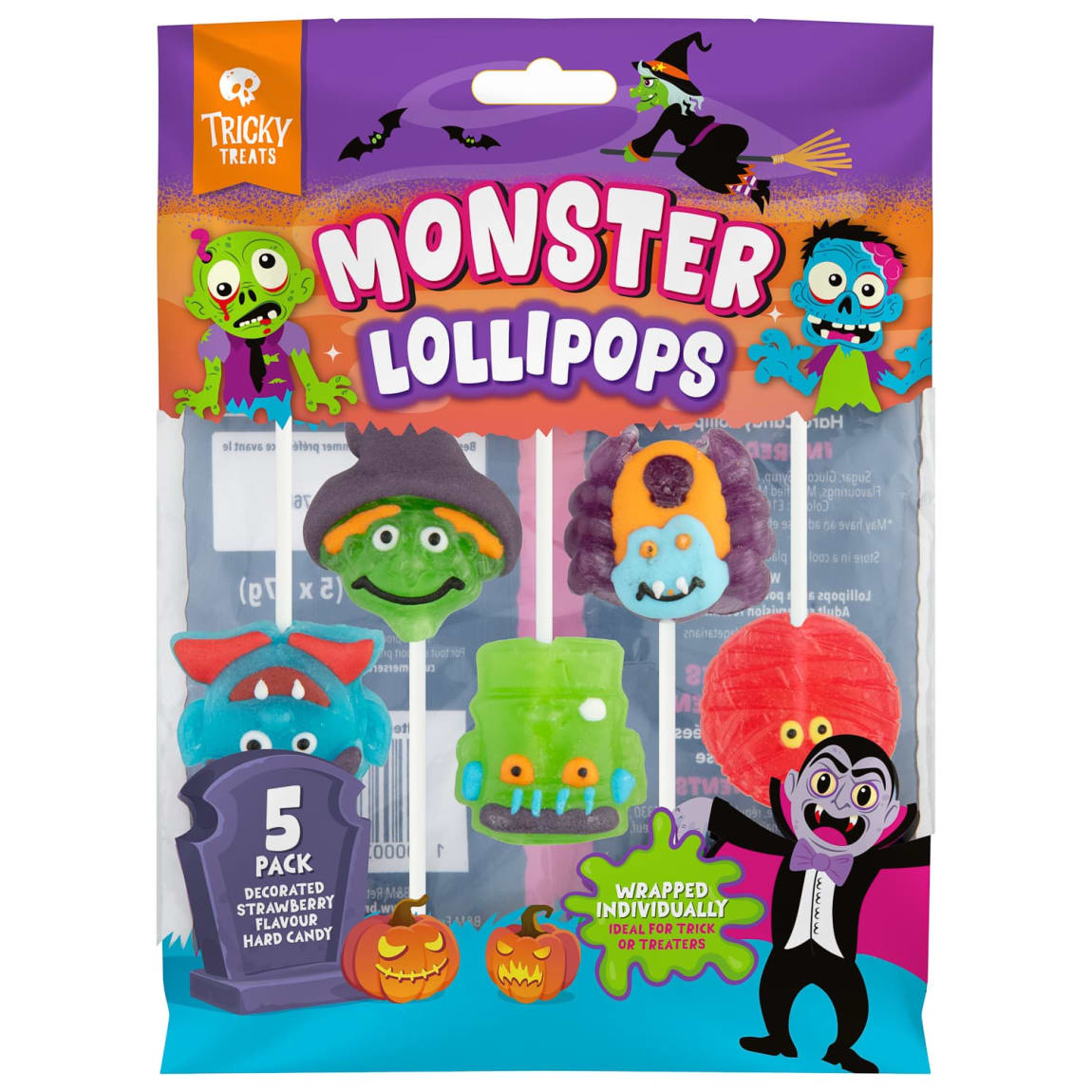 Tricky Treats Monster Lollipops 5 Pack with Strawberry & Bubblegum flavours