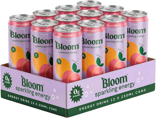 Bloom sparkling energy drink peach mango 12 pack cans