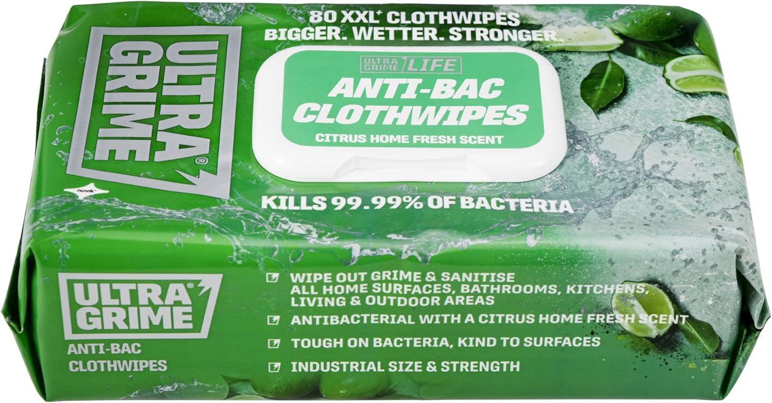 UltraGrime Antibac Wipes Packaging - 80 Large, Thick Wipes for Antibacterial Cleaning