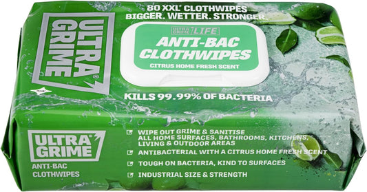 UltraGrime Antibac Wipes Packaging - 80 Large, Thick Wipes for Antibacterial Cleaning