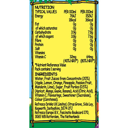 Seven tropical fruit flavours including orange, pineapple, passion fruit