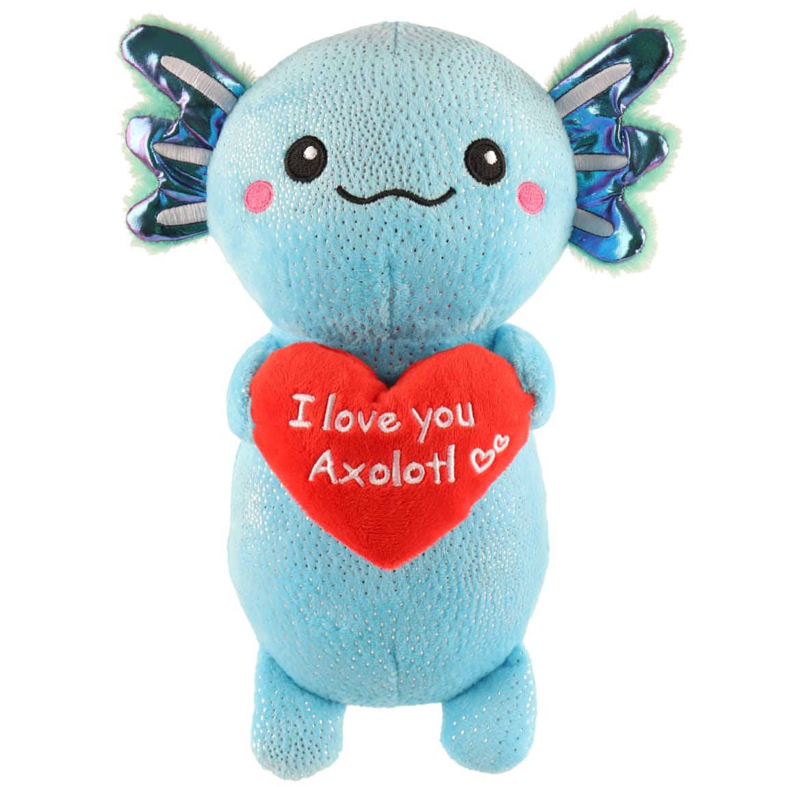 Blue cuddly axolotl toy with crinkle texture