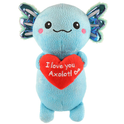 Blue cuddly axolotl toy with crinkle texture