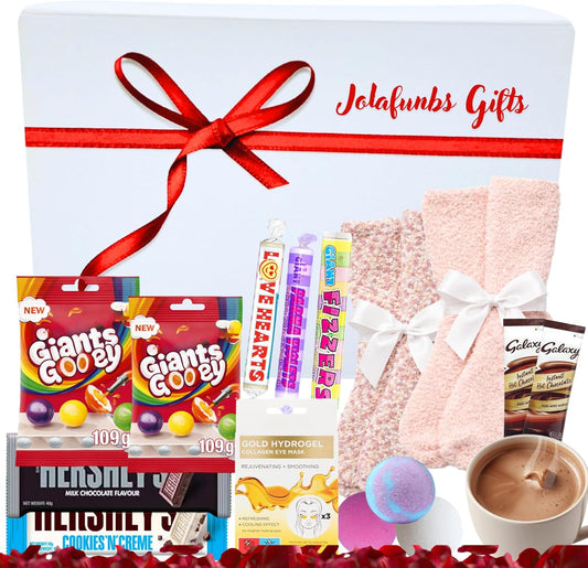 Valentines sweets gift hamper for her with bath bombs and candy
