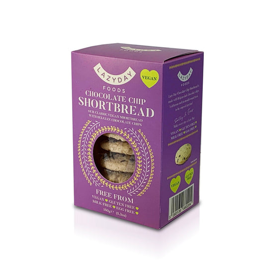 Vegan chocolate chip shortbread biscuits in retail pack