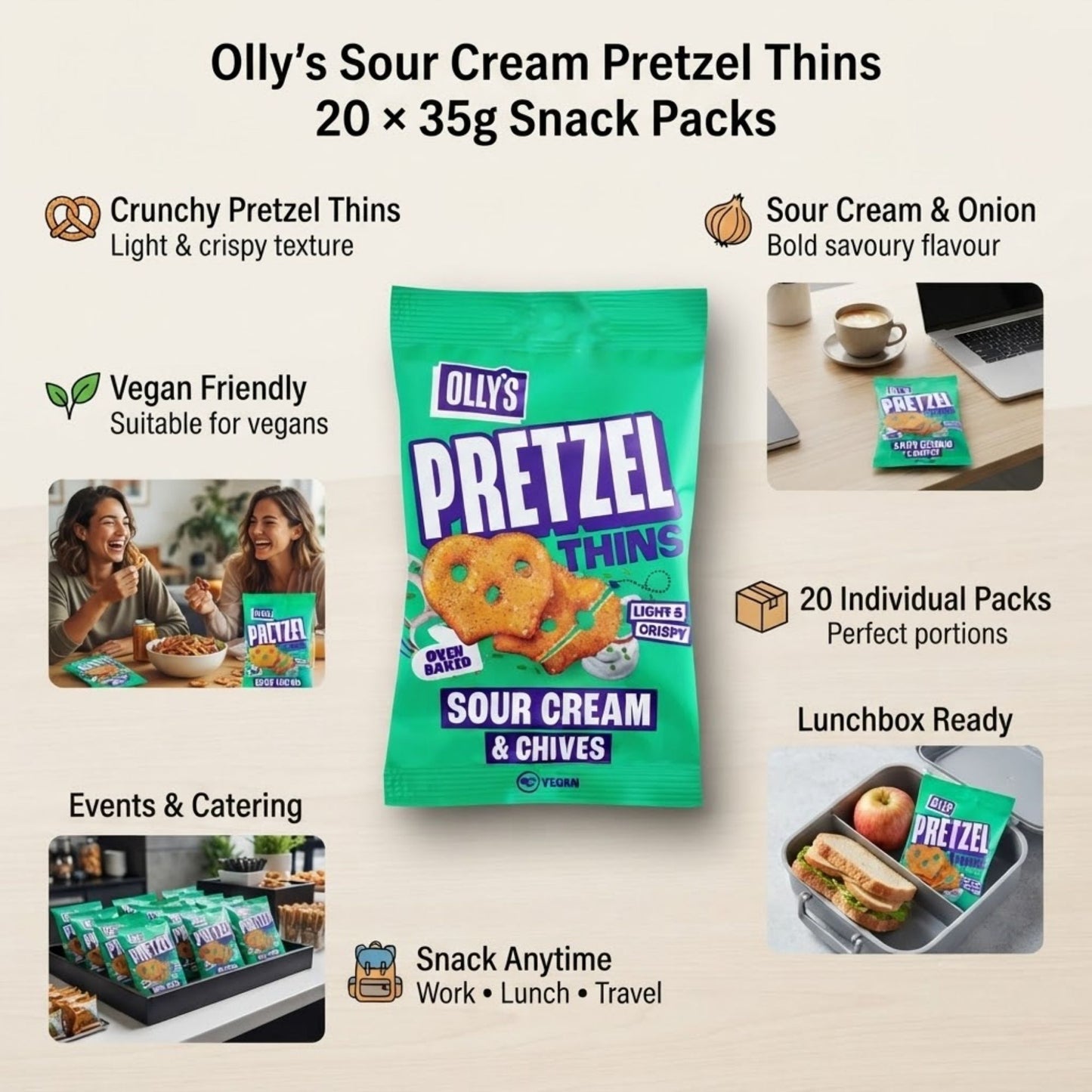 Vegan sour cream and onion pretzel snacks