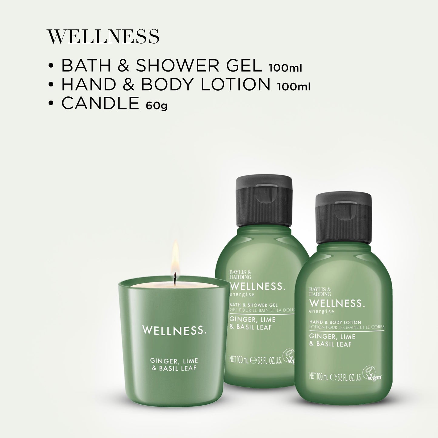 100ml bath & shower gel, 100ml hand & body lotion, 60g plant-based candle