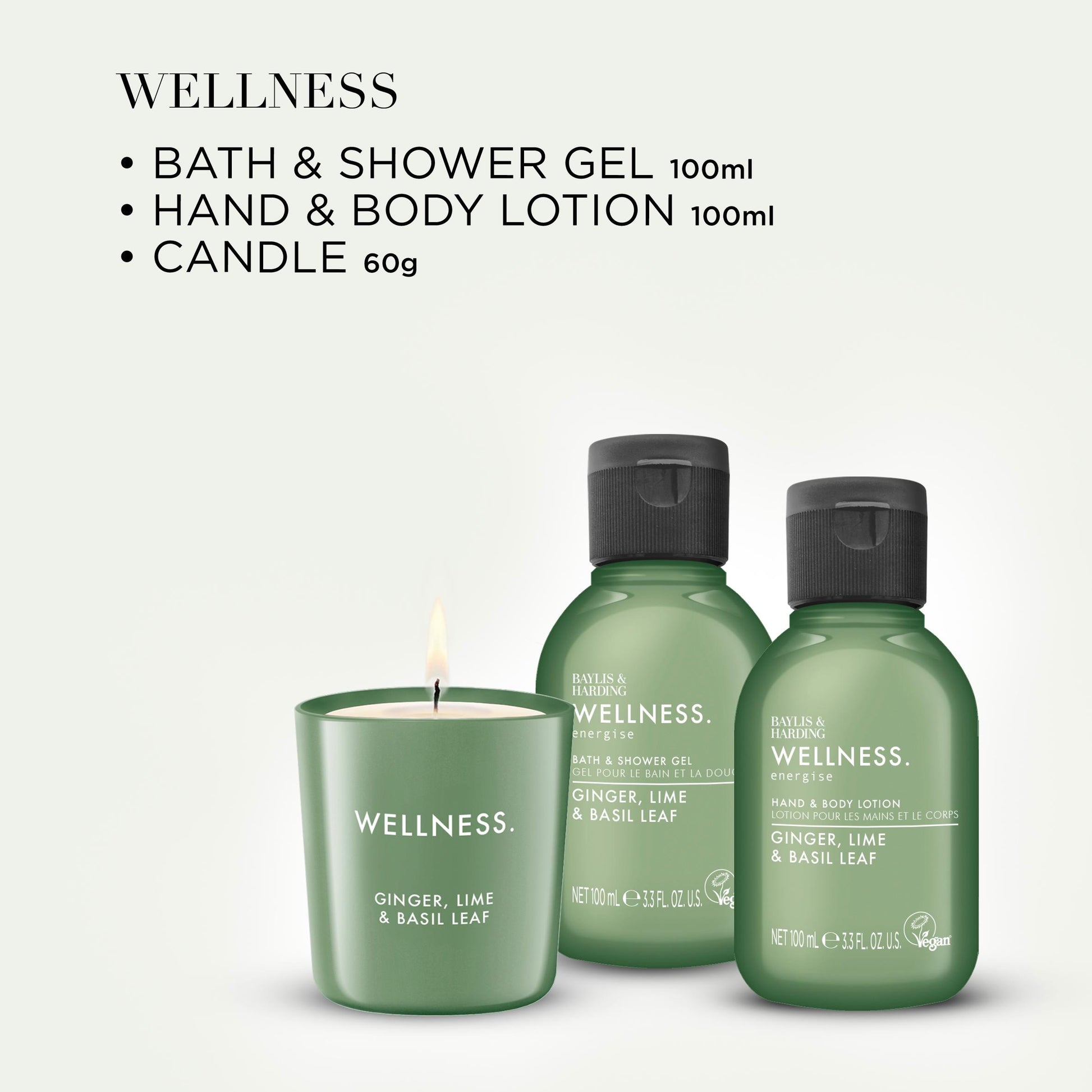 100ml bath & shower gel, 100ml hand & body lotion, 60g plant-based candle