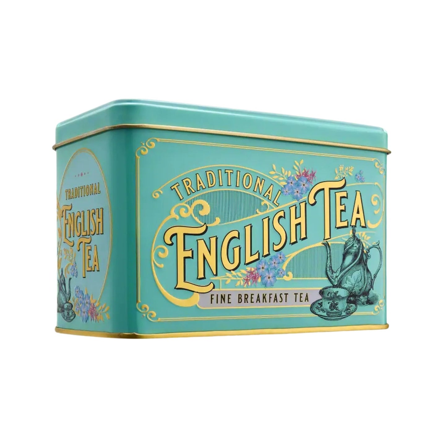 Vintage-style collectible tin featuring Victorian teaware artwork and florals