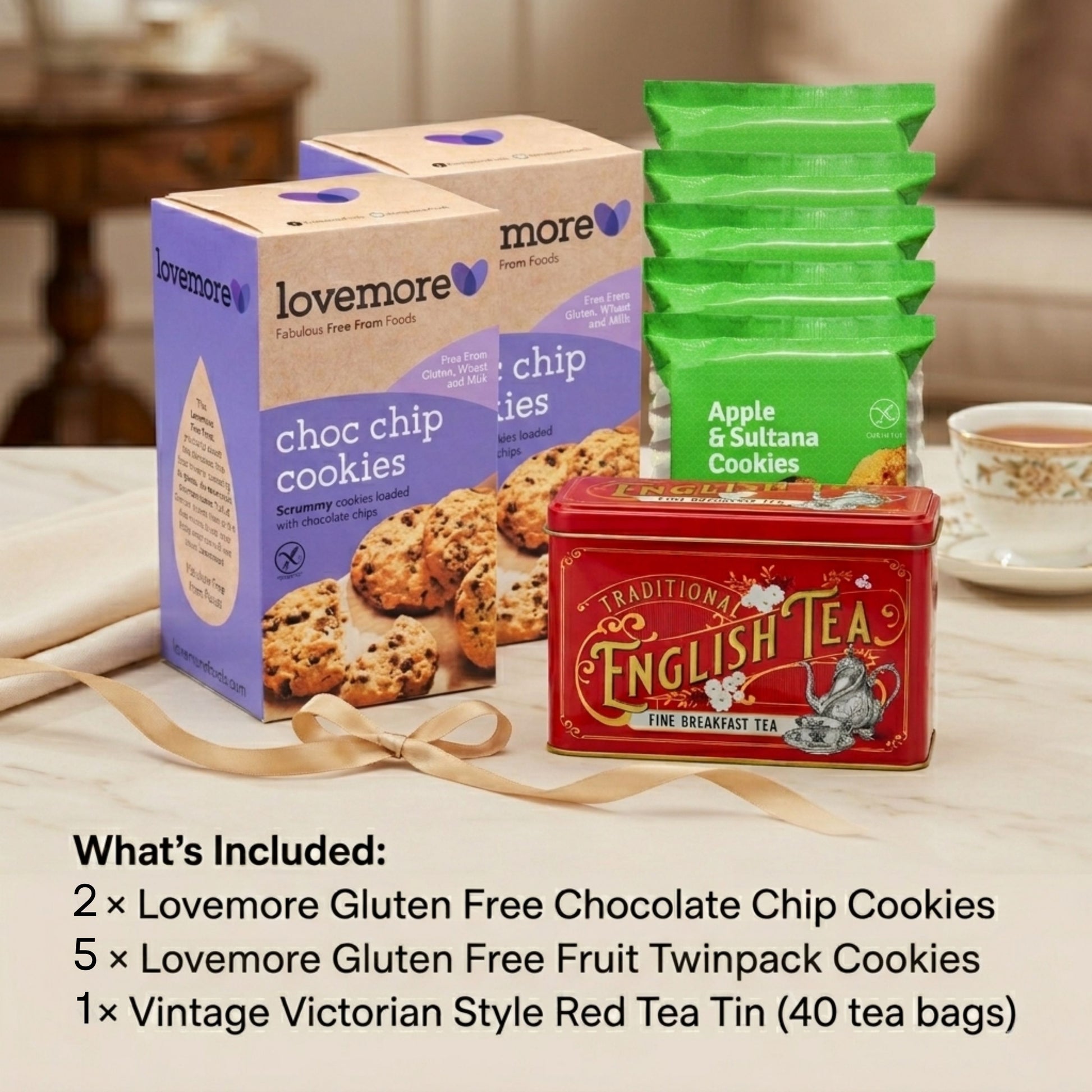 Victorian red tea tin with English breakfast tea bags